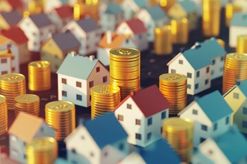 Abundant Houses with Towering Coin Stacks, Property Investment and Passive Income Concept, 3D Illustration