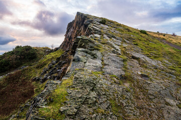 A rocky ridge along Arthur's Seat, a volcanic peak overlooking Edinburgh, Scotland.