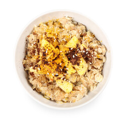 Tasty oatmeal with apple and cinnamon on white background