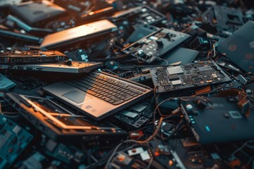 Overflowing E-Waste Heap, Discarded Laptop Parts, Electronics Recycling Concept, Abstract Photo - obrazy, fototapety, plakaty