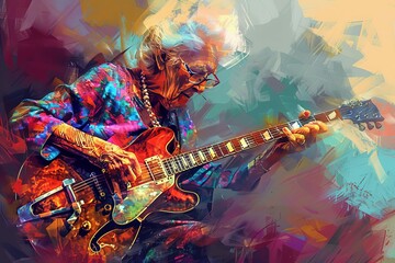 Rockin' Grandma Shredding Electric Guitar on Stage at Sunset, Lively Senior Lifestyle, Digital Painting - obrazy, fototapety, plakaty