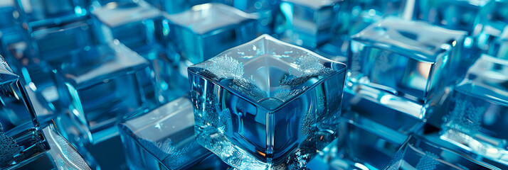 Neon ice cubes blue abstract background illustration Cocktails party nightlife fashion concept, Frozen Water Images , Blue crystal cubes, Light Purple and Aquamarine Glass Background, Generative AI, 