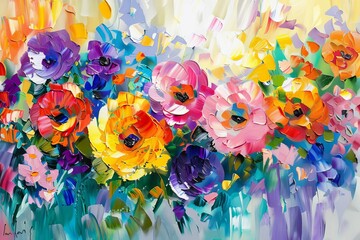 Vibrant abstract floral painting with colorful brushstrokes and palette knife texture - obrazy, fototapety, plakaty