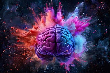 Human brain with explosion of vibrant colors representing creativity and imagination - obrazy, fototapety, plakaty