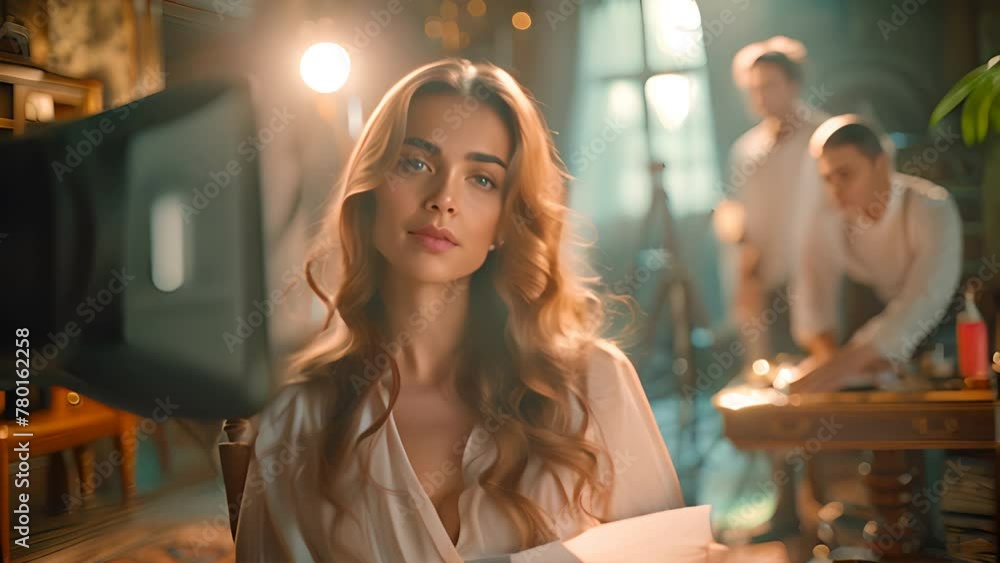 Poster back shot of an actress sitting on a chair in a movie set, holding and reading a script in one hand.