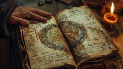 Hand of an old alchemist flipping through the pages of an ancient book of sorcery with sacred symbols and handwritten text, next to a candle