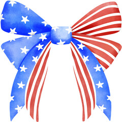 4th of july coquette bow stars and stripes clipart, Red white blue ribbon watercolor illustration, American girly girl decoration.