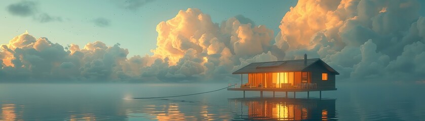 Floating air house tethered to the ground by cables - obrazy, fototapety, plakaty