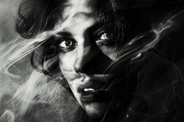 Black and white surreal portrait illustration, haunting and mysterious with high contrast and dramatic lighting - obrazy, fototapety, plakaty