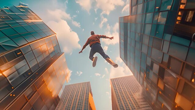 a man jumping from one rooftop to another rooftop, modern glass buildings,generative ai