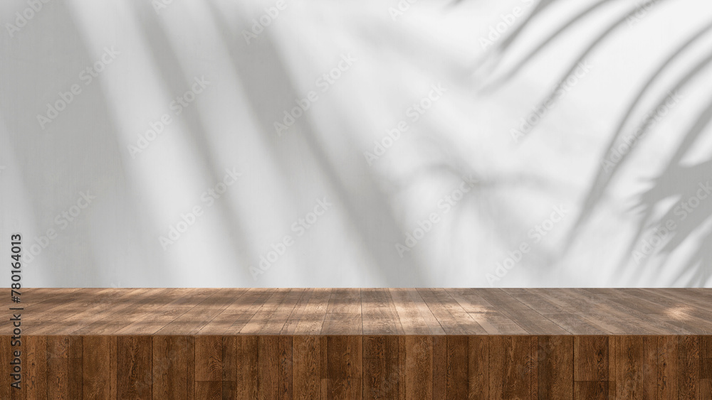 Poster Wooden table high quality table top close up with soft palm shadows and sun light, summer background product display - empty copy space for product and design mock up, wooden countertop and white wall