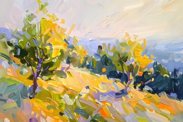 Obraz premium Impressionist Landscape Oil painting in moody vintage farmhouse style features mandarin trees wall art, digital art prints, home decor