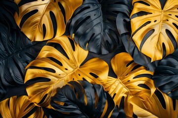 Tropical Gold and Black Monstera Leaves, Luxury Exotic Botanical Pattern
