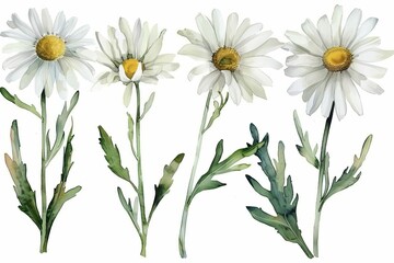 Watercolor Set of White Daisy Chamomile Flowers, Cute Floral Illustration