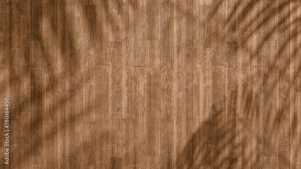 Fototapete top view of soft brown table with high resolution texture and palm leafs shadows, summer table background with empty space for text or design, soft cozy sunny table backdrop, wooden texture seamless