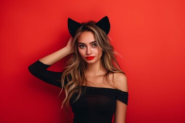 Beautiful young woman with cat ears on red background, Halloween or Valentine's Day concept illustration - obrazy, fototapety, plakaty