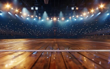 3D rendering of an indoor basketball arena with a wooden floor