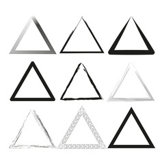 Set of varied triangle shapes in black and white. Geometric diversity collection. Simple triangle silhouettes. Vector illustration. EPS 10.