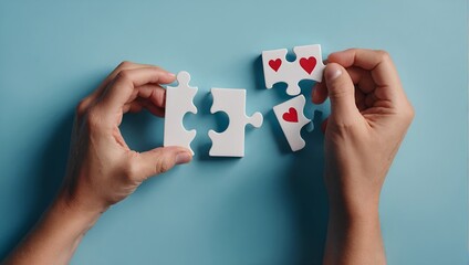 Adult hands holding puzzle heart, on light blue background