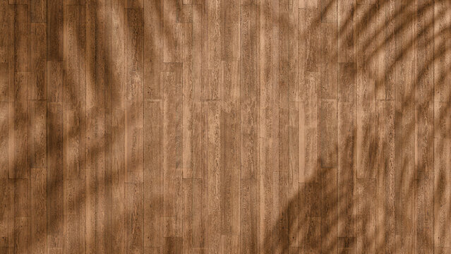 top view of soft brown table with high resolution texture and palm leafs shadows, summer table background with empty space for text or design, soft cozy sunny table backdrop, wooden texture seamless