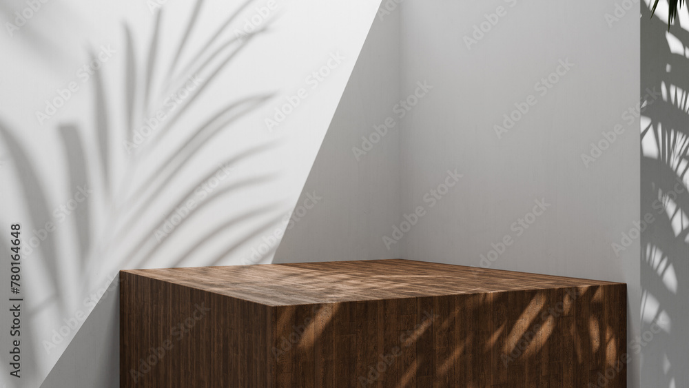 Poster luxury summer high quality wooden table display with palm leafs shadows and soft sun light on white 