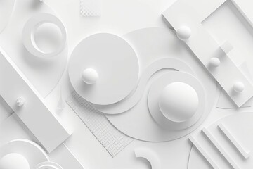 Abstract geometric composition with white 3D shapes on white background, modern design