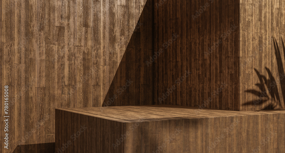 Poster wooden table summer background, wooden podium with soft sunlight and shadows, empty geometrical form