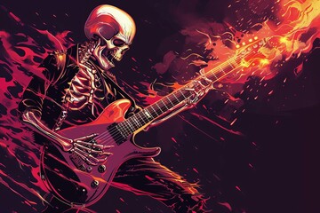 Skeleton Guitarist Shredding on Electric Guitar, Heavy Metal Album Cover Design