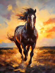 The mustang at sunset jumps on the prairie. Oil painting in impressionism style. Vertical composition. - obrazy, fototapety, plakaty