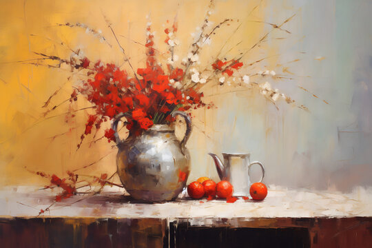 Still life in red tones with fruit, vase, teapot and flowers. Oil painting in impressionism style. Horizontal composition.