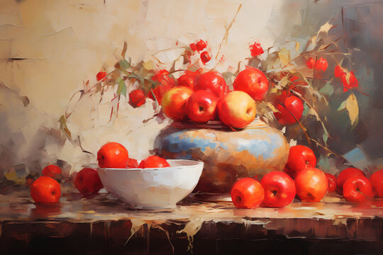 Still life in red tones with fruit and bowl. Oil painting in impressionism style. Horizontal composition.