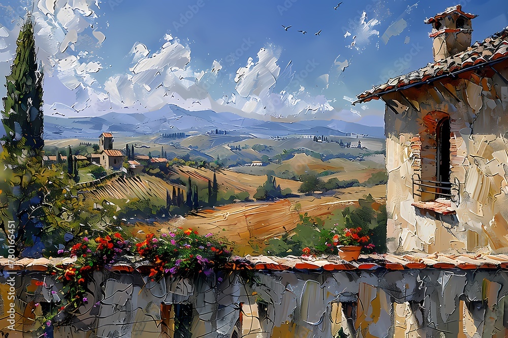 Wall mural  Landscape Oil painting in moody vintage farmhouse  style features view from the French balcony of Tuscany  wall art, digital art prints, home decor