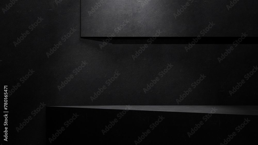 Poster Dark abstract background with chalkboard or concrete texture. black textured wall abstract background. Hight resolution dark gray wall backdrop with spotlight and empty place for text and products