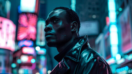 A futuristic black man stares off into the distance his sharp jawline and defined features illuminated by the neon lights of the city. His ensemble exudes confidence and boldness with . - obrazy, fototapety, plakaty