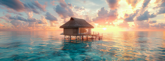 An idyllic overwater bungalow with a thatched roof, perched above tranquil turquoise waters against a dramatic sunset sky, offering a scene of perfect tropical serenity. - obrazy, fototapety, plakaty