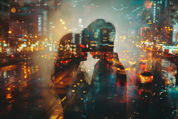 Obraz premium Couple in love at night. double exposure photo of a couple and urban City lights. Passion and secret romance. nightlife concept.