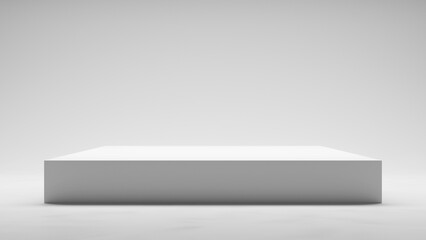 White empty table isolated on white clear soft light studio room. table top podium close up. Empty square cube form podium display for design, grey pedestal empty space background