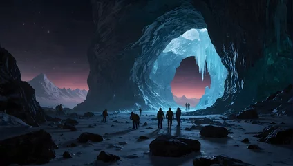 Fototapeten A detailed landscape of an ice-covered exoplanet, with explorers analyzing samples near a glowing, bioluminescent cave entrance Generative AI © Haroon
