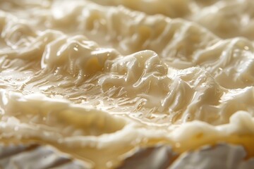 A detailed macro shot of the rind of a Brie cheese showcasing texture and depth