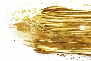 Isolated gold paint brush strokes on white, shiny metallic texture splatters