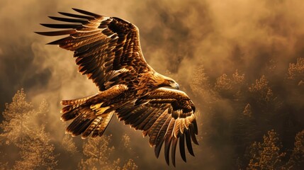 A majestic golden eagle in flight embodying freedom and the pursuit of higher aspirations - obrazy, fototapety, plakaty