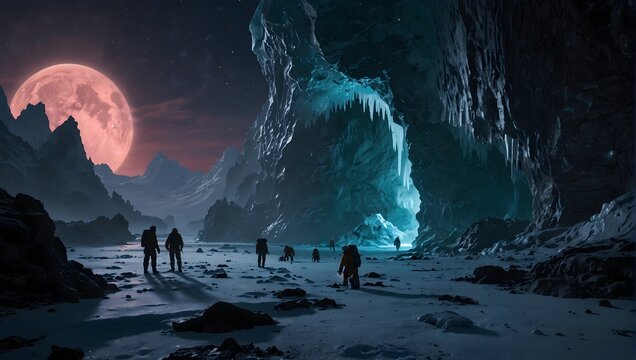 A detailed landscape of an ice-covered exoplanet, with explorers analyzing samples near a glowing, bioluminescent cave entrance Generative AI