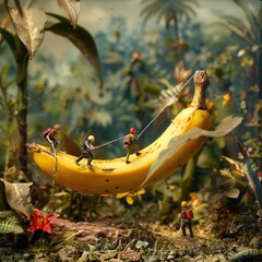 An adventurous scene of tiny exploring figures climbing and rappelling down a giant banana - obrazy, fototapety, plakaty