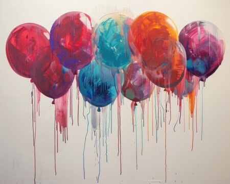 A surreal composition of floating balloons with oil colors dripping and blending mid-air