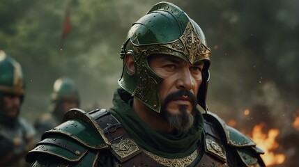 a green theme warrior general with armor portrait on middle of a battle ground fight from Generative AI