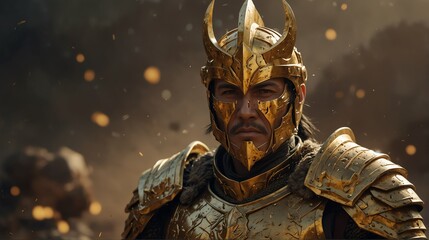 a gold theme warrior general with armor portrait on middle of a battle ground fight from Generative AI