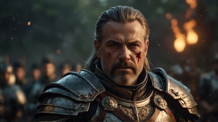 a magical theme warrior general with armor portrait on middle of a battle ground fight from Generative AI