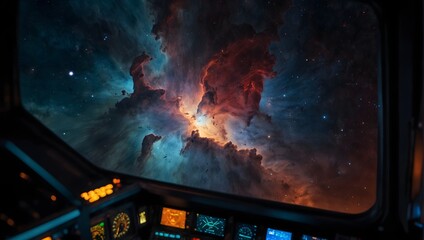 A majestic portrayal of a nebula as seen from the cockpit of a speeding spacecraft, with brilliant colors illuminating the darkness Generative AI - obrazy, fototapety, plakaty