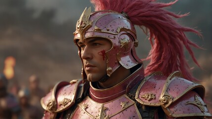 Fototapeta premium a pink theme warrior general with armor portrait on middle of a battle ground fight from Generative AI