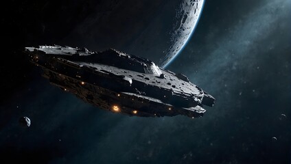 Obraz premium An eerie image of a derelict spaceship drifting silently through an asteroid belt, its hull scarred from past battles Generative AI